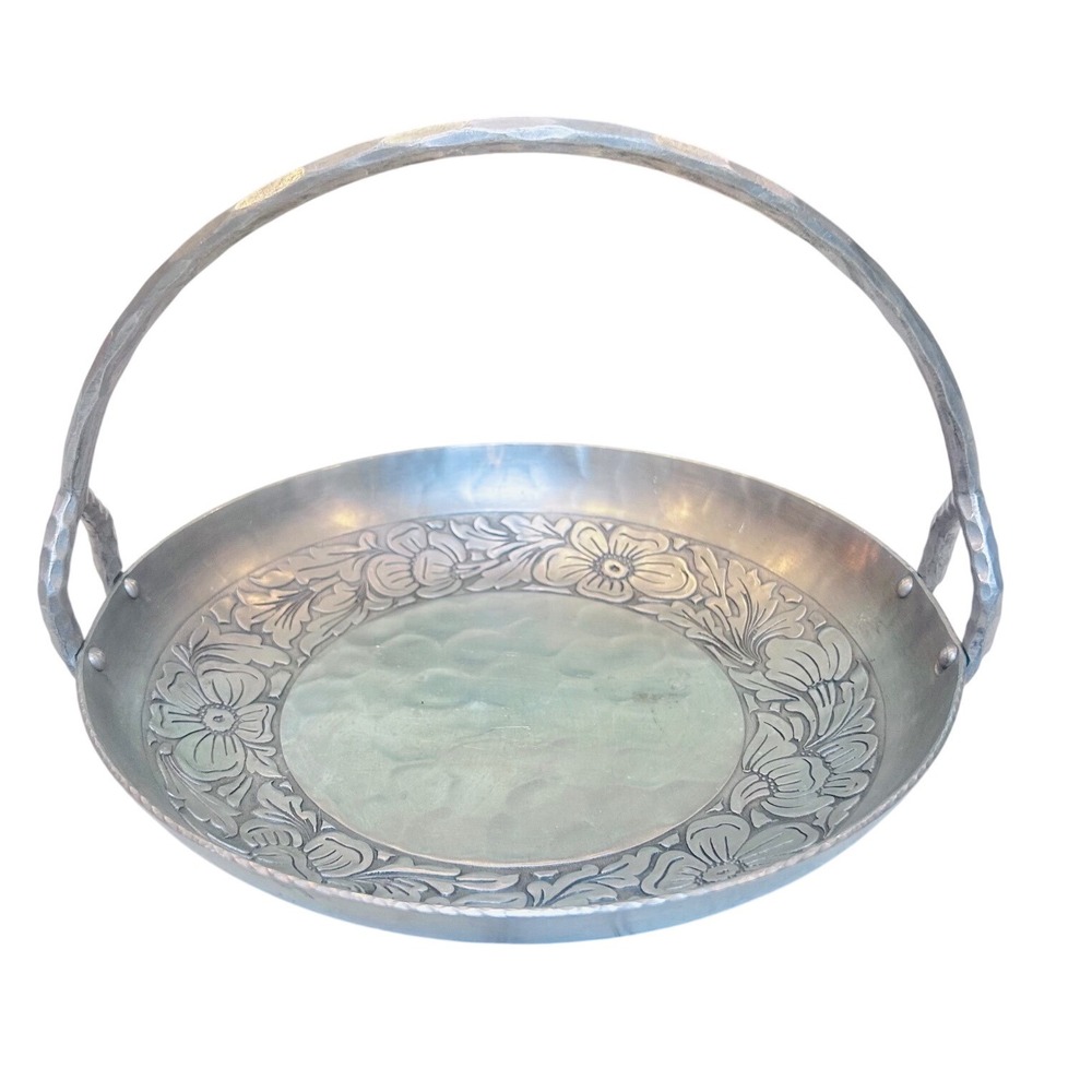 Vintage M.P.C. Forged Aluminum Floral Basket Tray Hammered Metal Handle 9 Inch
